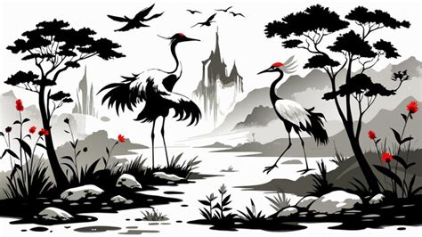 Cranes Among Willows - A Serene Symphony Painted in Ink and Dreams